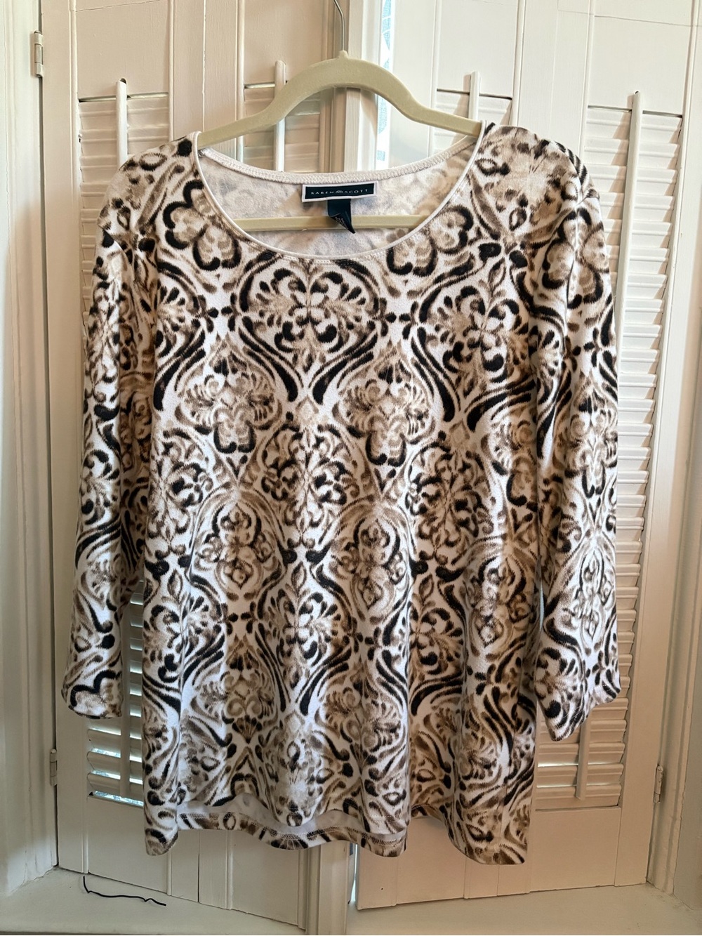 Karen Scott Cream and Brown Printed Scoop-Neck 3/4 Sleeve Top